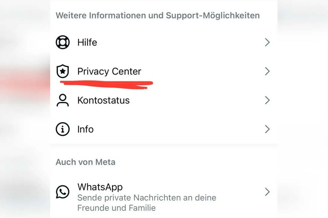 Instagramansicht mit Informationen und Support-Möglichkeiten. Unter dem Reiter Hilfe befindet sich das Privacy Center, welches rot unterstrichen ist.